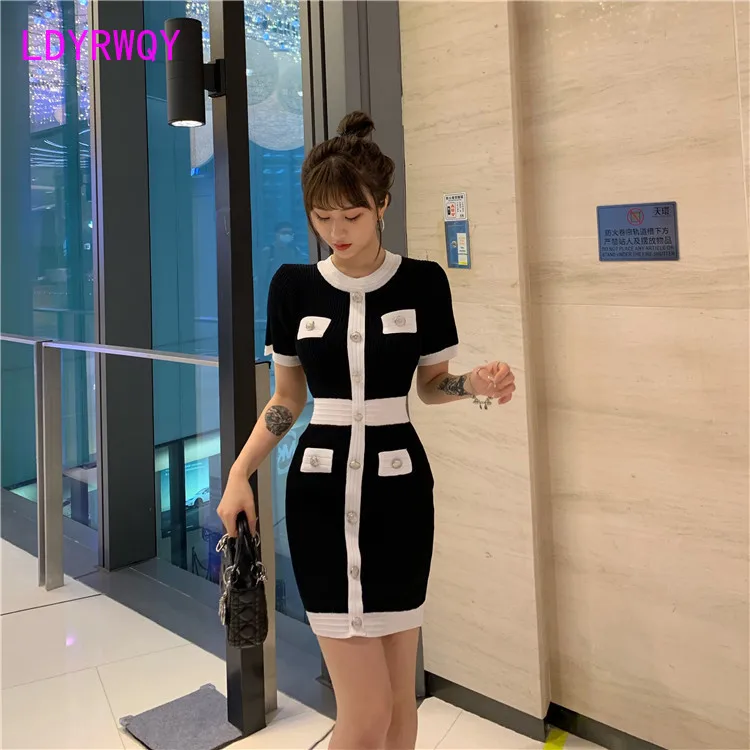 

LDYRWQY 2021 summer new Korean version round neck turtleneck short sleeve fashion sexy hip wrap slim knit dress Office Lady