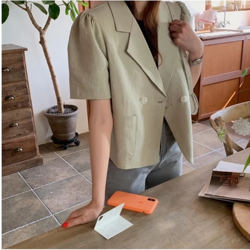 

Korean Chic Summer Retro Lapel Women Coats Double-breasted Loose Short Sleeve Suit Jacket Women Office Ladies Elegant Jacket