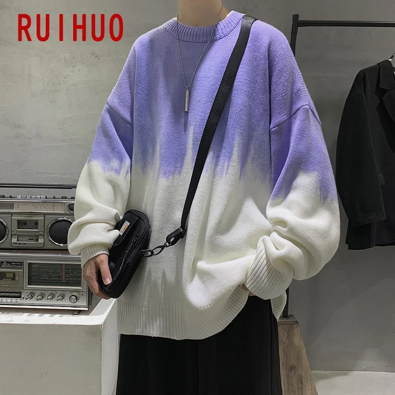 

RUIHUO Gradient Knitted Sweater Men Clothing Pullover Men Harajuku Sweater Streetwear Sweaters Korean Clothes 2XL 2021 Spring