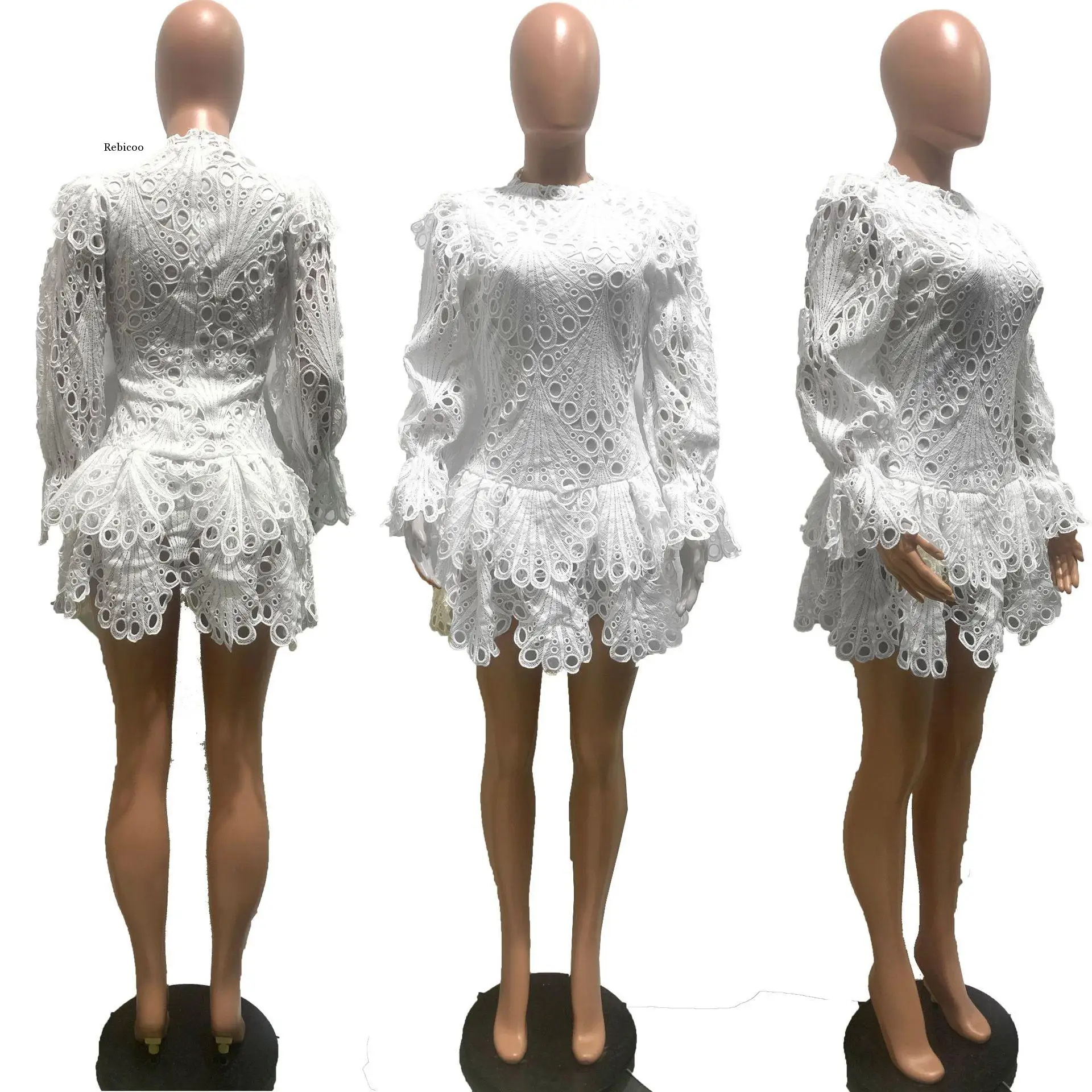 

Lace Hollow Out A-Line O-Neck Vintage Shinny Dress Full Sleeve Sheath Dresses Solid Mini Dress