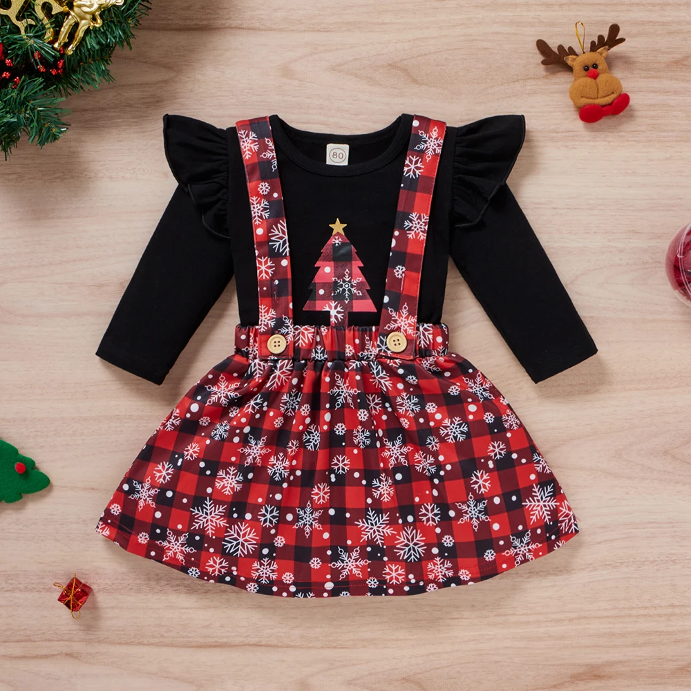 

2022 Baby Girls Christmas Elastic Waist Cotton Autumn Long Sleeve Pullover Knit Casual Check Strap Skirt Round Neck Print Sets