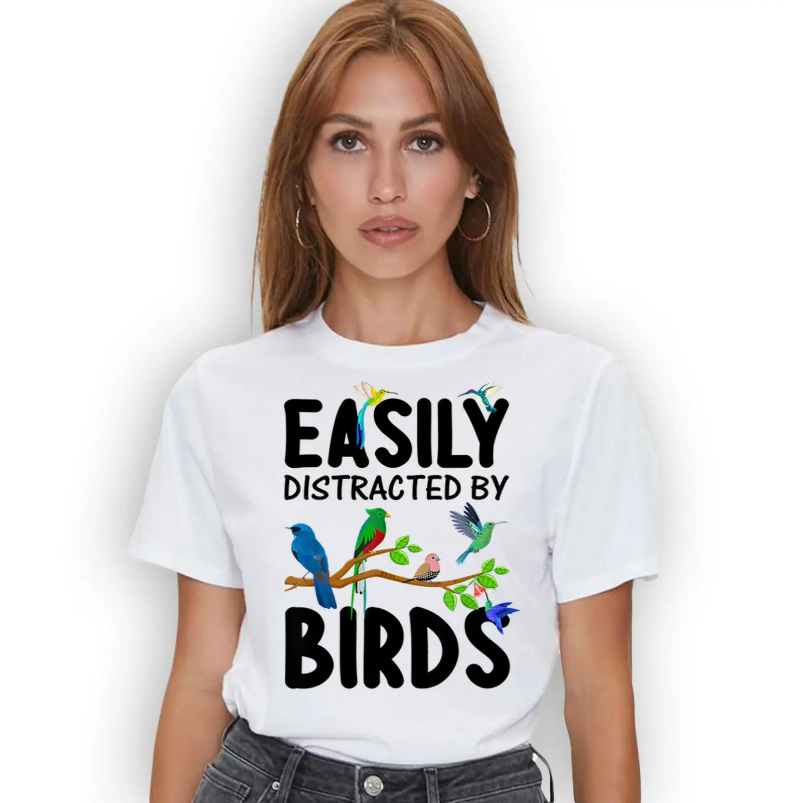 

Funny Birds Lovers Tee, Easily Distracted By Birds T-shirt, Bird Lovers Gift Versatile O - Collar Four - Season Printed T-shirt