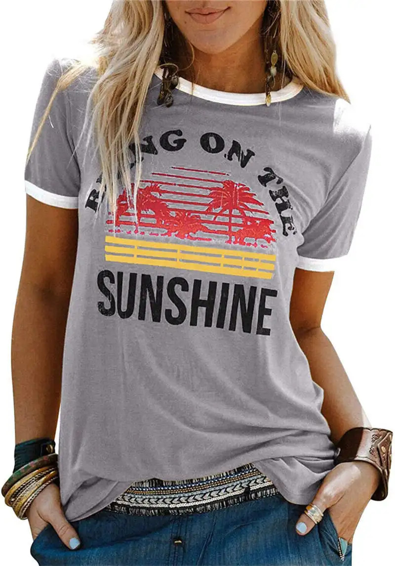 

Women Sunshine Beach Trendy Casual Ladies Tee Soft Floral Crew Neck Letters Top Slogan Hipster Summer Graphics T-Shirt