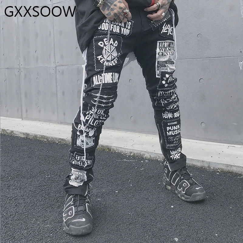 Men's Holes Skinny Jeans Pants Streetwear Letter 2019 Ripped Slim fit Biker Denim Hip Hop Men Destroy Pant MG270 | Мужская одежда