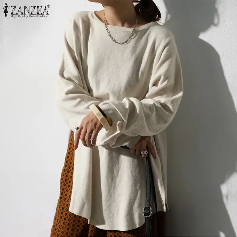 

ZANZEA 2021 Casual Baggy Solid Pullover Tops Women Long Sleeve Sweatshirt Fashion Autumn Bohemian O-Neck Holiday Blouse Oversize