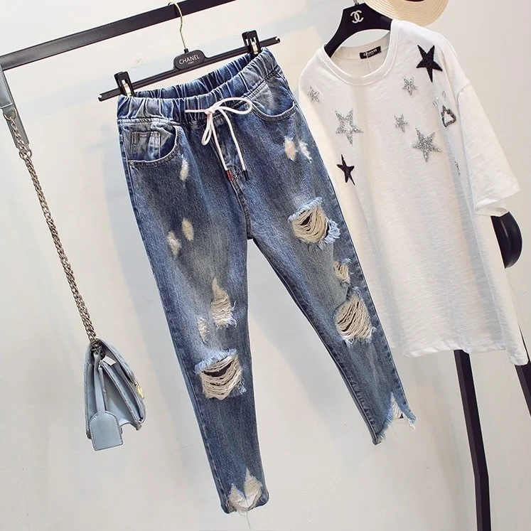 

Large size loose jeans women's hole beggar 2020 summer new Korean version fat sister 200 Jin Harun Capris