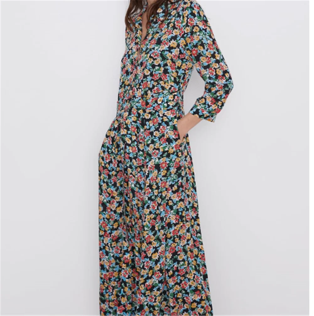 Женское богемное платье с цветочным принтом ZA модное отворотами популярное