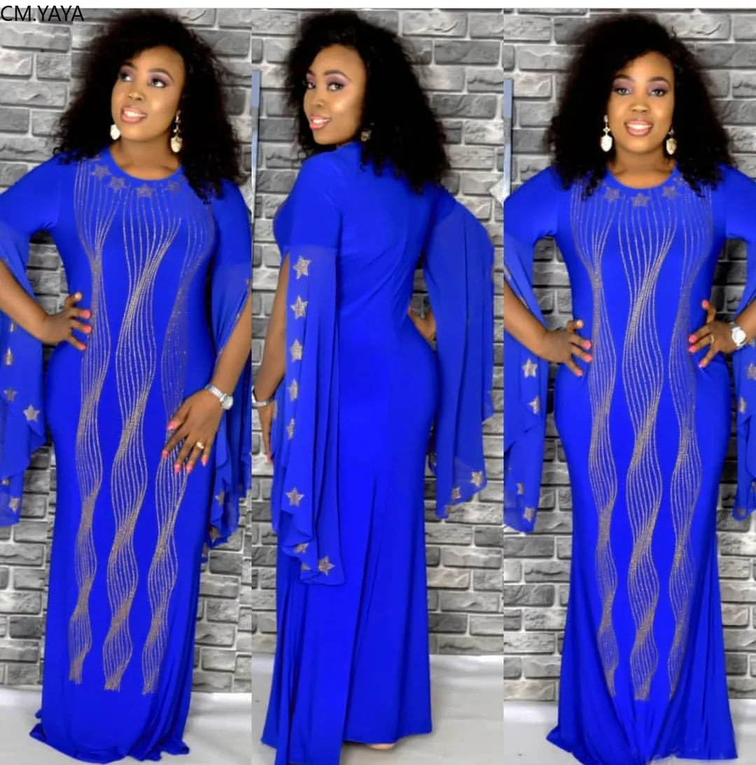 Женское вечернее платье макси с разрезом расшитое стразами длинным рукавом в