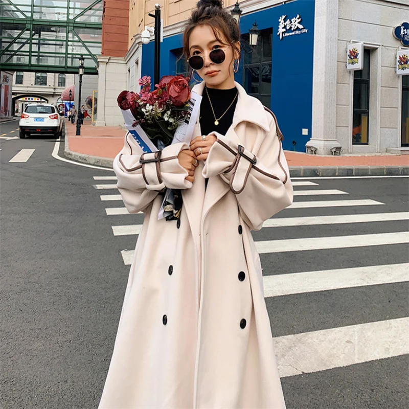 

High-End Long Trench Coat Women 2021 Spring Autumn Korean Double Breasted Windbreaker Female Loose Thick Woolen Outerwear H1148