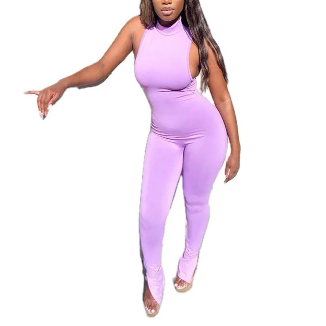 

Hot Jumpsuits African Women Fashion Plus Size Purple Skinny High Waist Sleeveless Halter Sheath Sexy Evening Night Club Jumpsuit