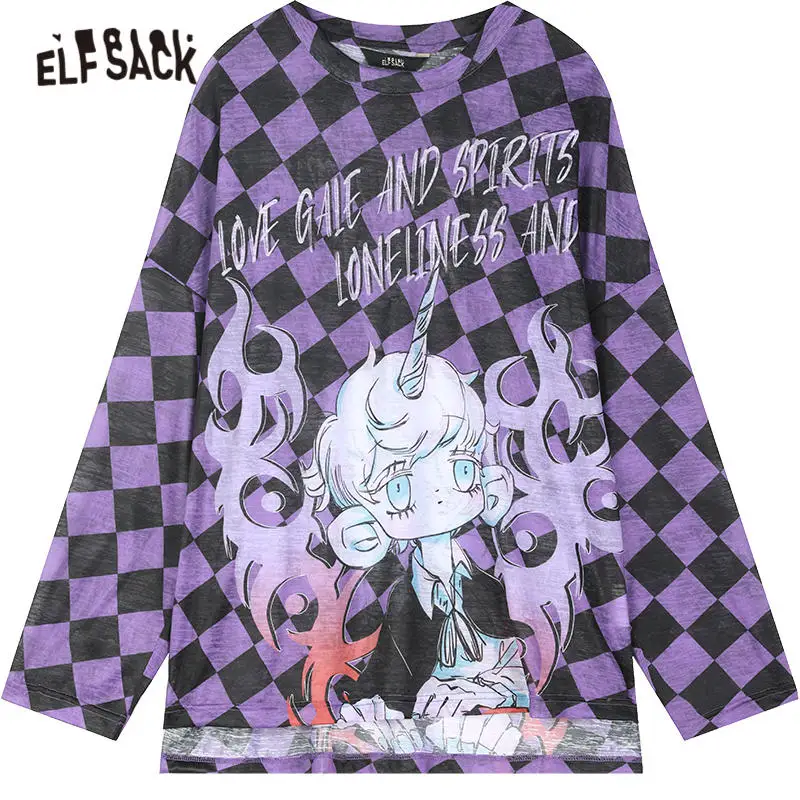 

ELFSACK Harajuku Cartoon Plaid Casual T-Shirts Women,2021 Spring ELF Vintage Half Sleeve Female Basic Daily Graphic Summer Tops