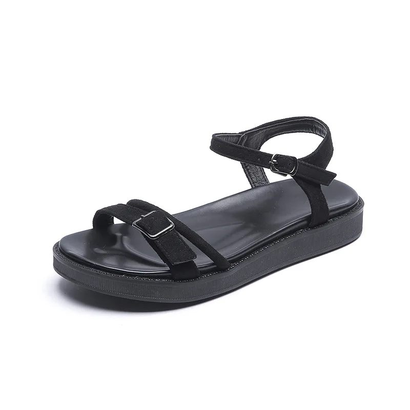 

2021 New Ankle Strap Buckle Platform Flat Women Shoes Fashion Summer Roman Classic Black Comfort Hollow Open Toe Ladies Sandals