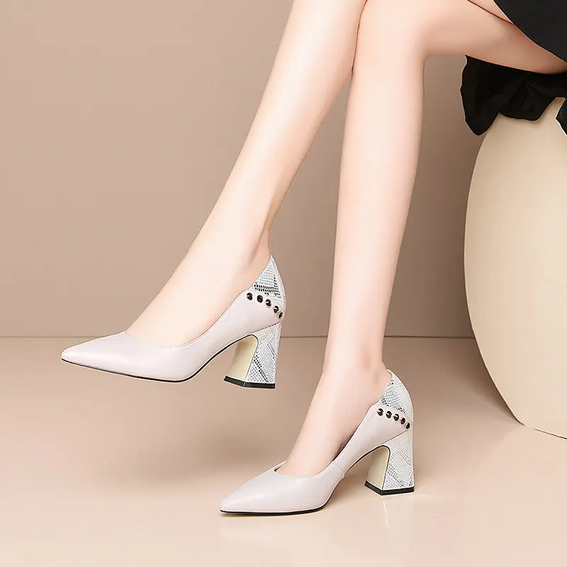 

Large size 34-43 Genuine leather women shoes high heels shoe poined toe square heel office ladies spring summer ladies shoes