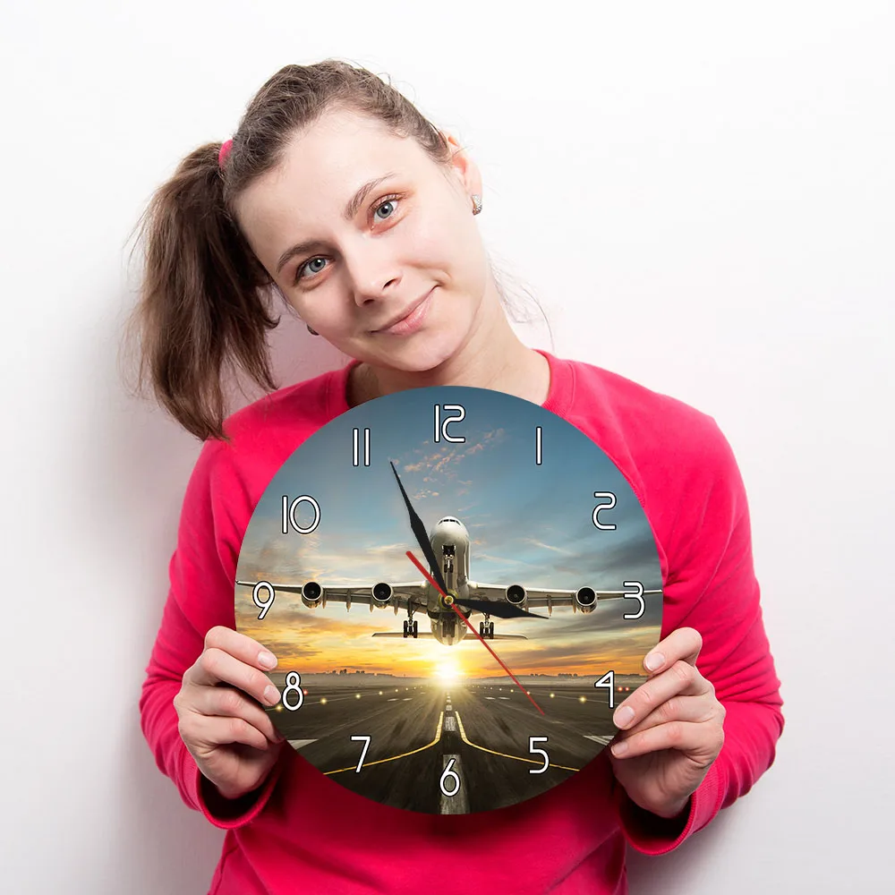 Огромный двухэтажный коммерческий Jetliner настенные часы коммерческий самолет с подиума в драматическом закате светильник Современный домашний декор