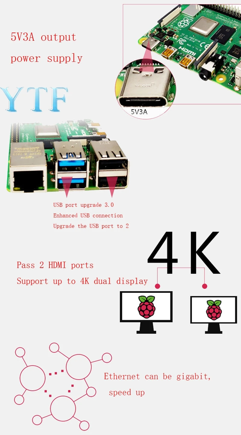 Новинка, Raspberry Pi 4 Модель B ram 1G 2G 4G 4 core 1,5 Ghz 4K Micro HDMI с радиатором