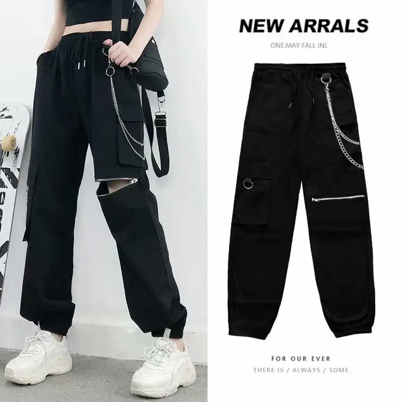 

CGC 2021 Fashion Cargo Pants For Women High Waist Loose Punk Pants Female Trousers With Chain Korean Style Hip hop Streetwear