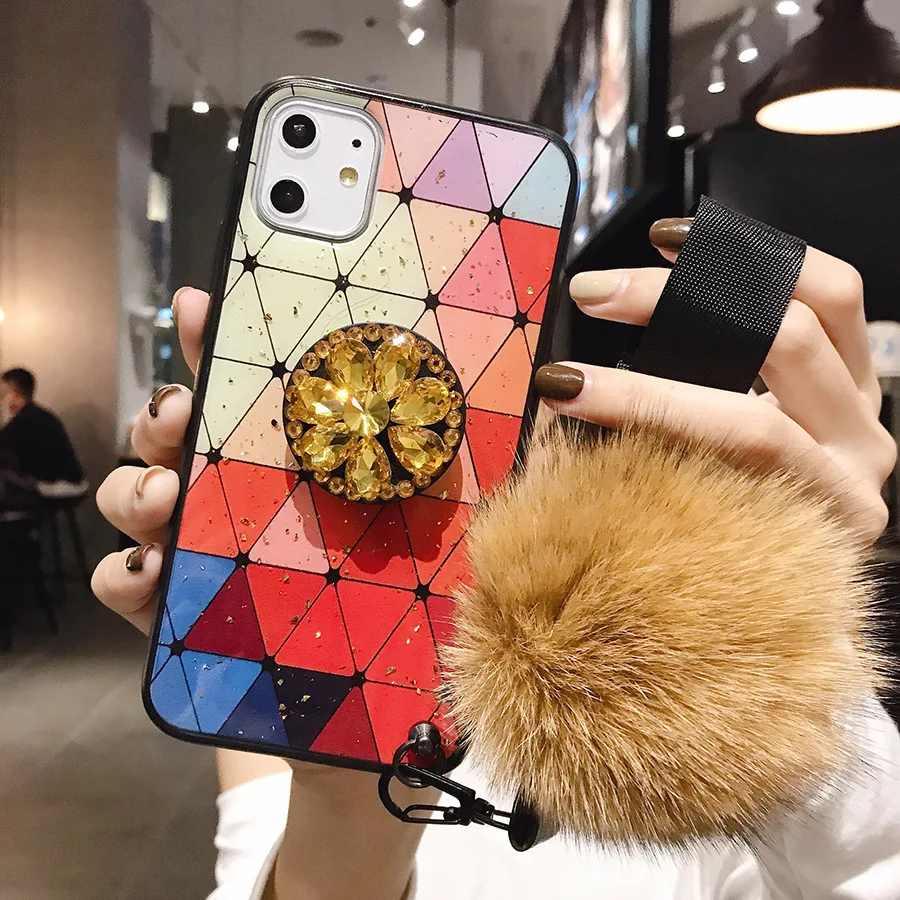 5 Чехол из ТПУ для samsung Not10Plus S10P для iPhone 11 Pro MAX 6 6splus 8Plus 7 Plus DIY держатель с кристаллами+ меховой шарик+ ремешок чехол для телефона - Цвет: 5