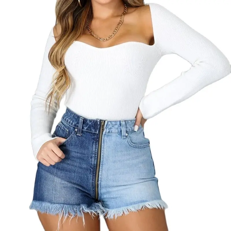 

Женские джинсовые шорты на молнии, джинсовые шорты с высокой талией и бахромой, лето 2021