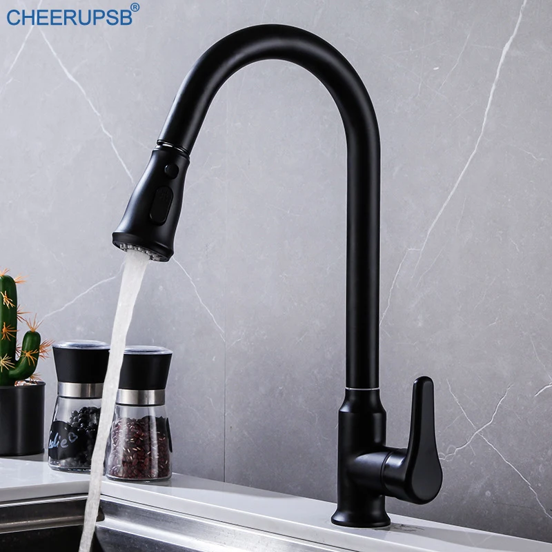 Выдвижной кухонный гибкий кран смеситель горячей и холодной воды черный для