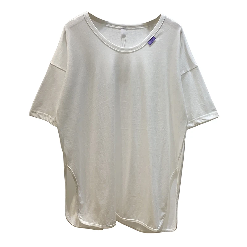 

Personality Trendy Contrast Color Labeling Scoop Wrinkles at Shoulder Short-Sleeved T-shirt Women's Bottoming Tops