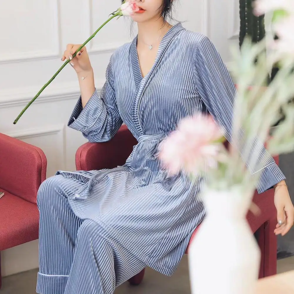 

Winter Long Sleeved Pajamas Set Pants Sleepdress 3 Pieces Nightgown Women Homewear DZA226