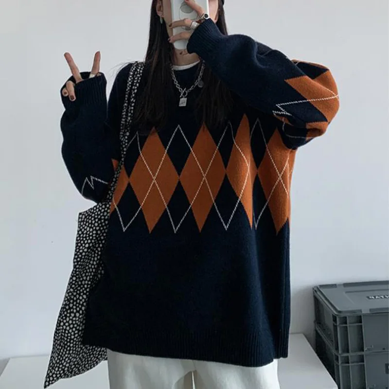 

Женский свитер с рисунком ромбиками, свободный трикотажный свитер с круглым вырезом и длинным рукавом, уличная одежда, Y2k, осень