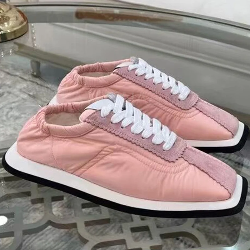 

Luxury Brand New 2021 Autumn Nylon Thick Sole Casual Shoes Woman High Quality Square Toe Lace Up Running Shoes Women Sneakers