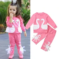 toddler kids casual girl clothing sets pink swan lace long sleeve t shirt sweatshirts cute pants 2pcs warm children clothes