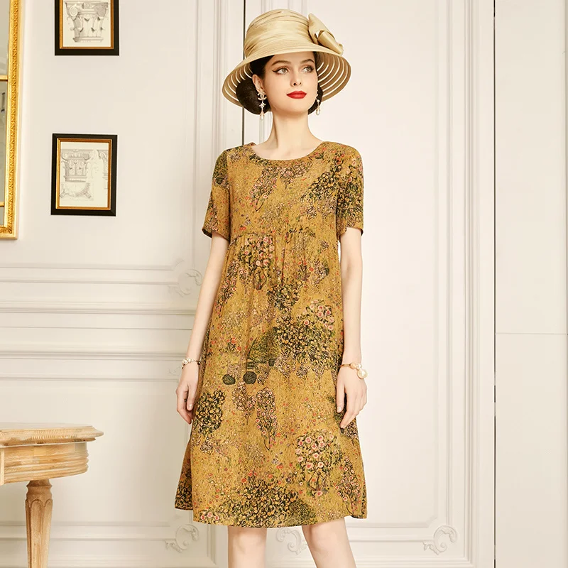 

SHZQ 2021 New Summer Silk Dress Women's Thin Mulberry Silk Skirt Yellow Waist Closing Foreign Style Medium Length Skirt