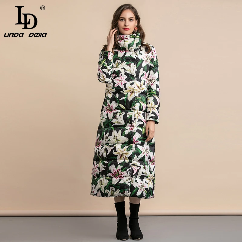 LD LINDA Делла, зимняя теплая утолщенная куртка-пуховик на белом утином пуху, винтажное Элегантное длинное женское пальто с цветочным принтом, верхняя одежда с цветочным принтом