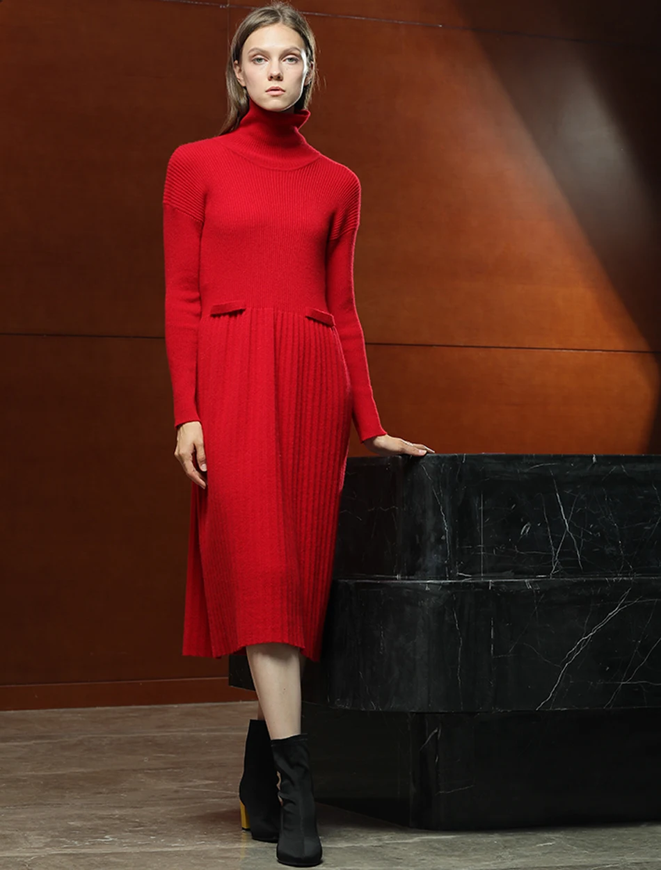 RONGFANGZI Inner Mongolian Cashmere Dress Pleated One Piece Women Turtleneck Dropped Shoulder Winter Thick 12 Gauge Knit Slava