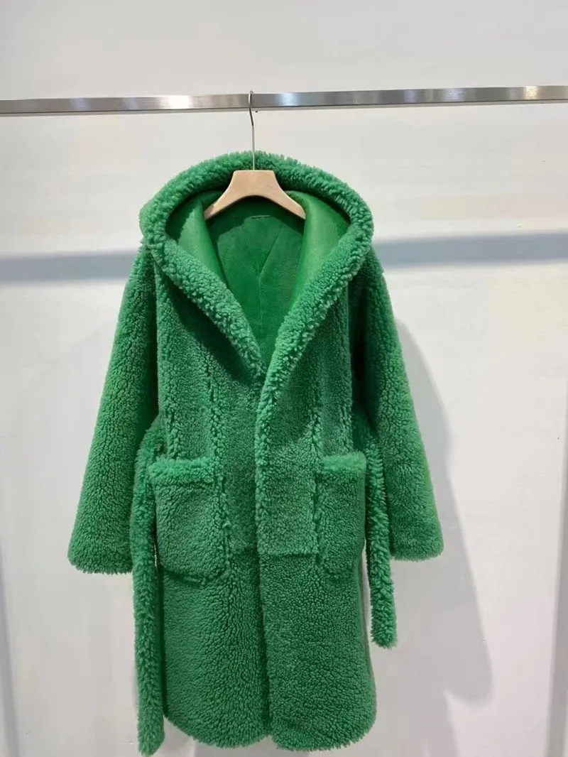 

New 2022 Ladies Vintage Green Belted Soft warm Real Lamb Wool blend long trench overcoats