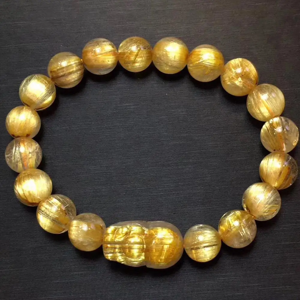 Verkauf Echte Natürliche Brasilien Gold Rutilated Quarz Kristall Armband 9mm Frau Mann Runde Perlen Pi Xiu Anhänger Wohlhabenden AAAAAA
