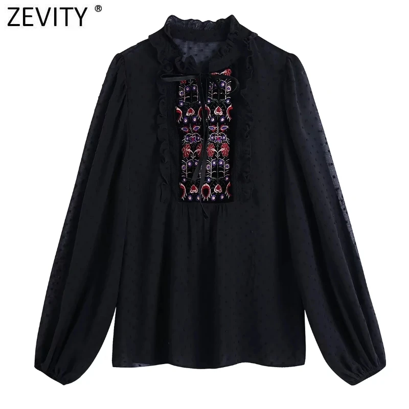 

Zevity Women Sweet Velvet Flower Embroidery Patch Chiffon Blouse Lady Chic Dot Stitching Ruffles Shirt Casual Blusas Tops LS9937