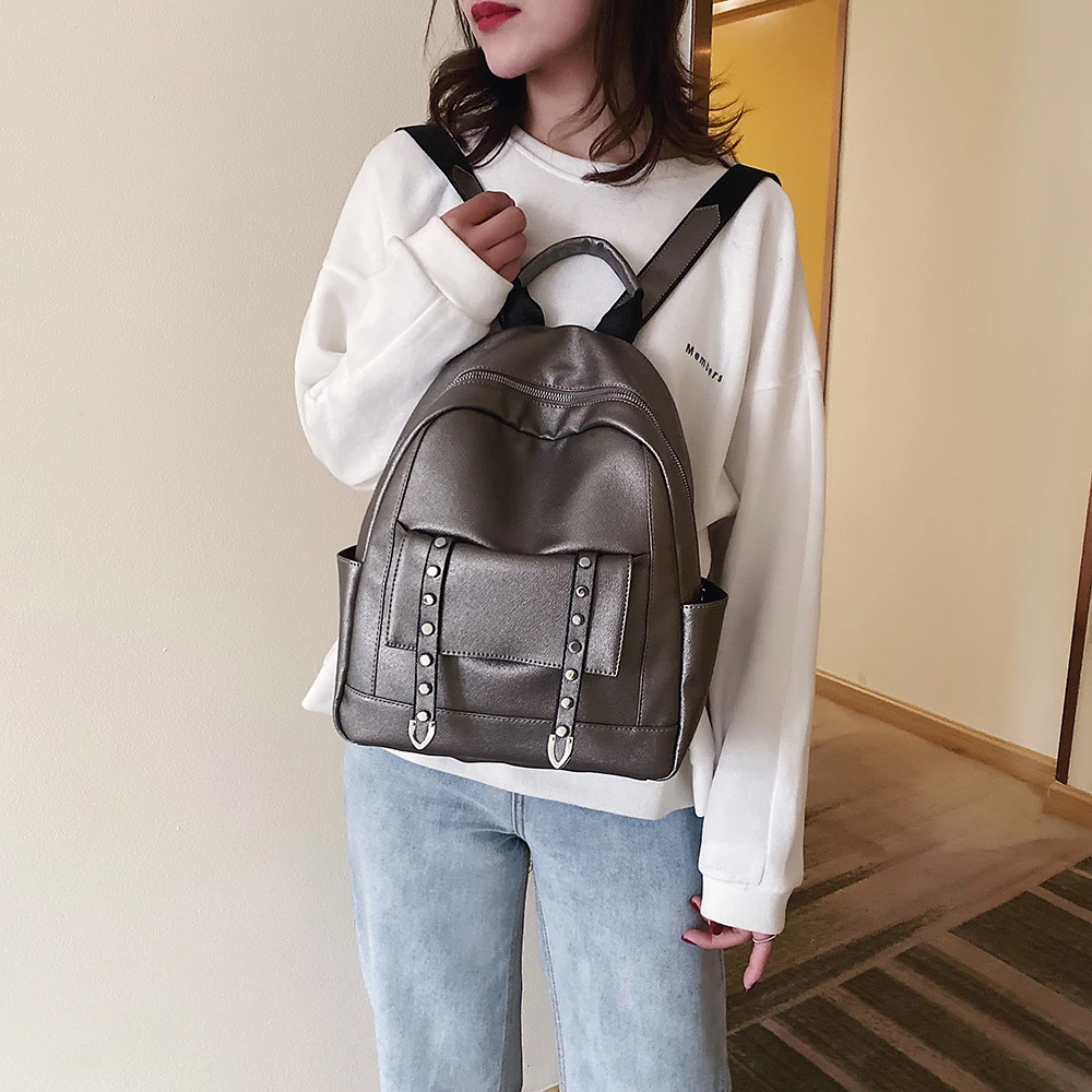 

2021 new ladies Bagpack soft leather PU leather Rucksack leisure large capacity travel backpack pure color simple school bag