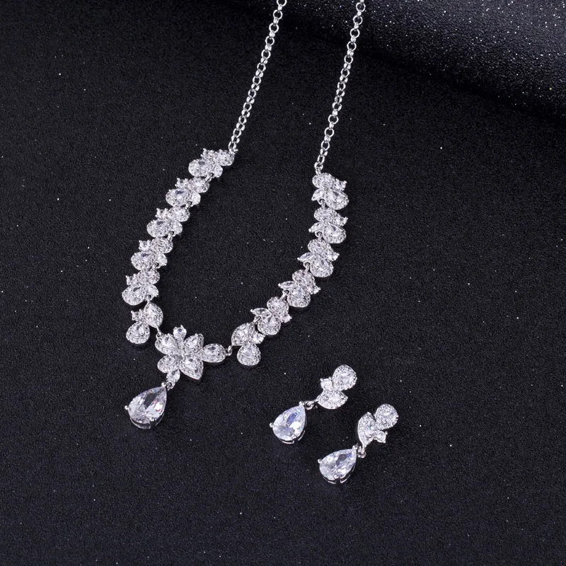 Clear Zirconia Small petal Flower AAA Cubic Zircon Wedding Jewelry Set Earrings Necklace Promotion Nickel Free Factory price | Украшения и