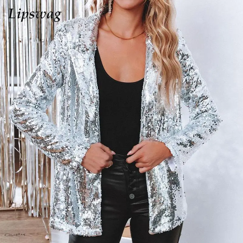 

Women Winter Elegant Glitter Sequin Shiny Party Jacket Autumn Fashion Turn-down Collar Tops Ladies Casual Long Sleeve Cardigan