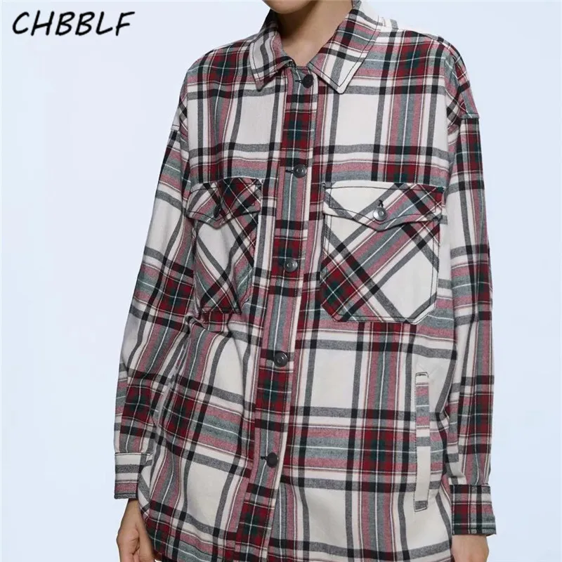 

CHBBLF, Женская Повседневная клетчатая блузка, куртки, отложной воротник, однобортный, с карманами, женский элегантный стиль, свободные, шикарные топы A9568