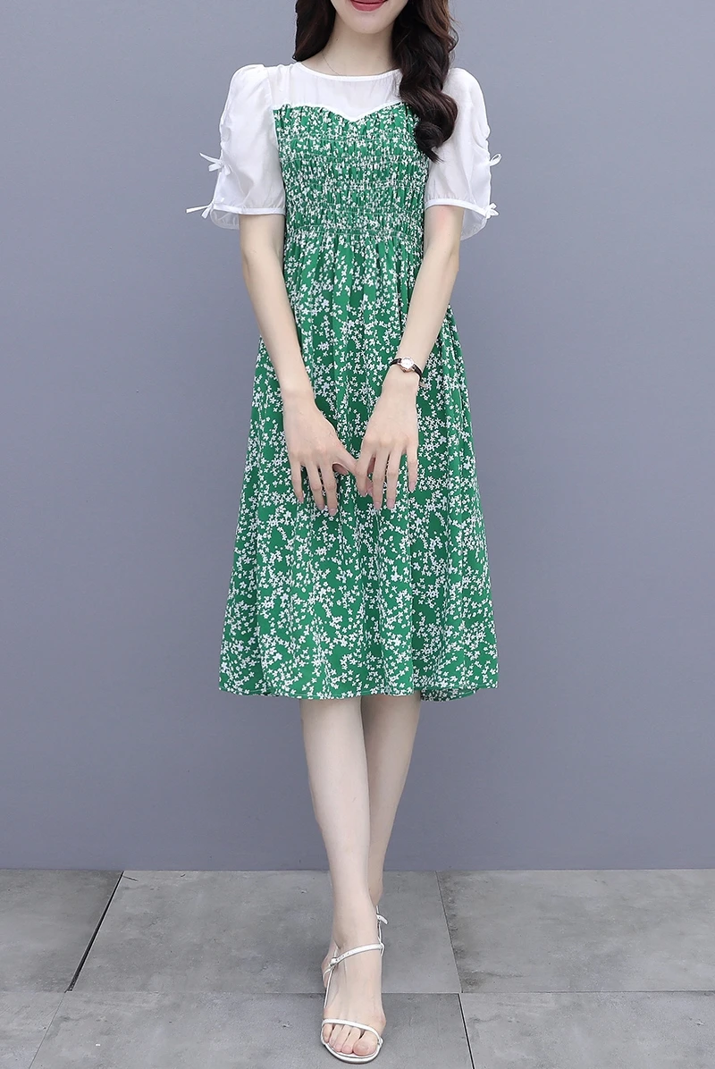 

Chiffon Loose Women's Dress New Fashion Casual Short Sleeve Dresses Mid-length Summer Floral Stitching O-neck Houthion