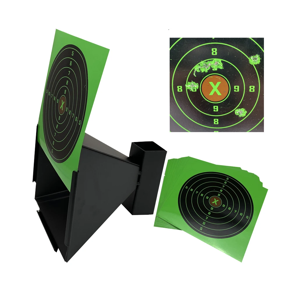 14*14cm Air Gun Metal Shooting Target Pellet Trap Comes with 20 Pcs Paper Green Splatter Reactive Card Board Thick Target