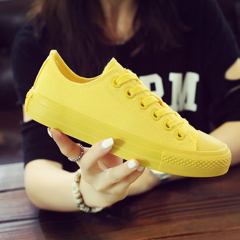 

Girls White Sneakers Lemon Yellow Canvas Shoes Good Quality Anti-slip All Black Vulcanized Shoes Flat Heel Lace Up Low Trainers