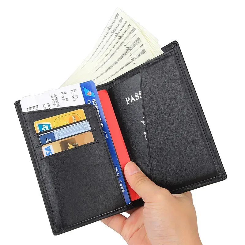 100% Real Leather Wallet Unisex Passport Bag Head Layer Cowhide Document Bag Wallet Card Bag Anti-Magnetic Wallet for Men Male