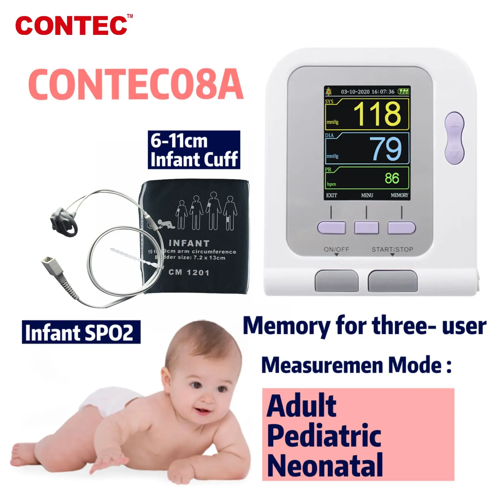 

CONTEC08A Infant Neonatal Digital Blood Pressure Monitor Electronic Sphygmomanmeter NIBP Monitor SpO2 Probe PC Software