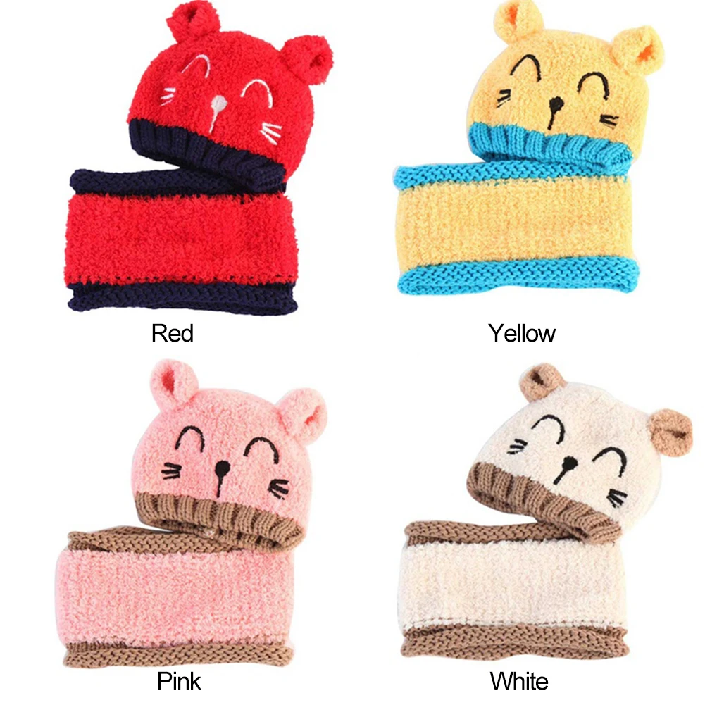 

New Baby winter Hat and Scarf Set Cap Embroidery Cat earmuffs Warm Hat