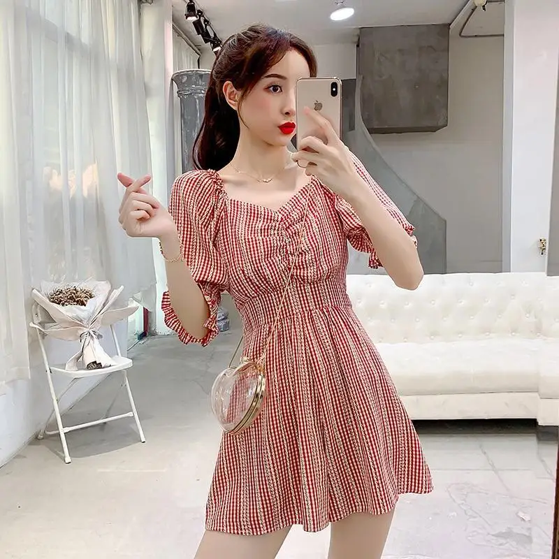 

Women 2021 Summer Vintage Plaid Jumpsuit Female V-neck Short Sleeve Overalls Ladies Casual Playsuit Wide Leg Pants Rompers U167