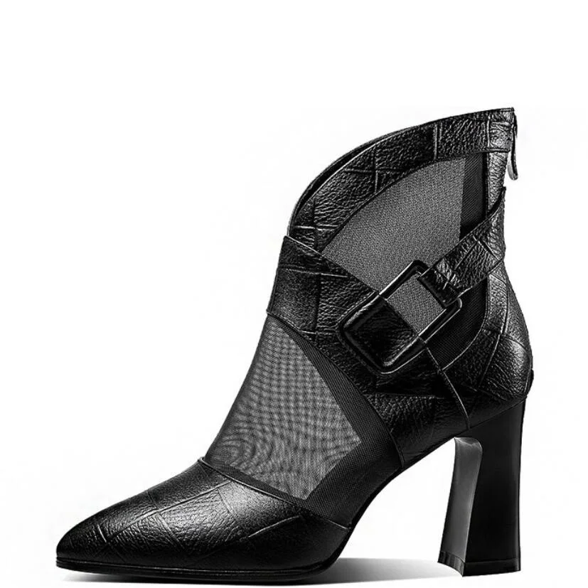 

Women High Heeled Sandals Boots Pointed toe Thick Heel Gladiator Buckle Mesh Ankle Boot Black Spring/Autumn Shoes for Woman