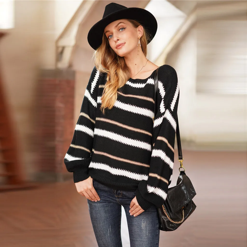 Модный женский осенне-весенне-зимний Свободный Полосатый Вязаный Пуловер с