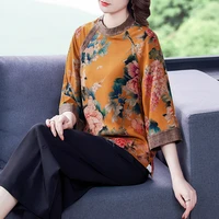 2020 new spring and autumn chinese style artificial silk women blouse o neck three quarters sleeve peony print elegent shirt