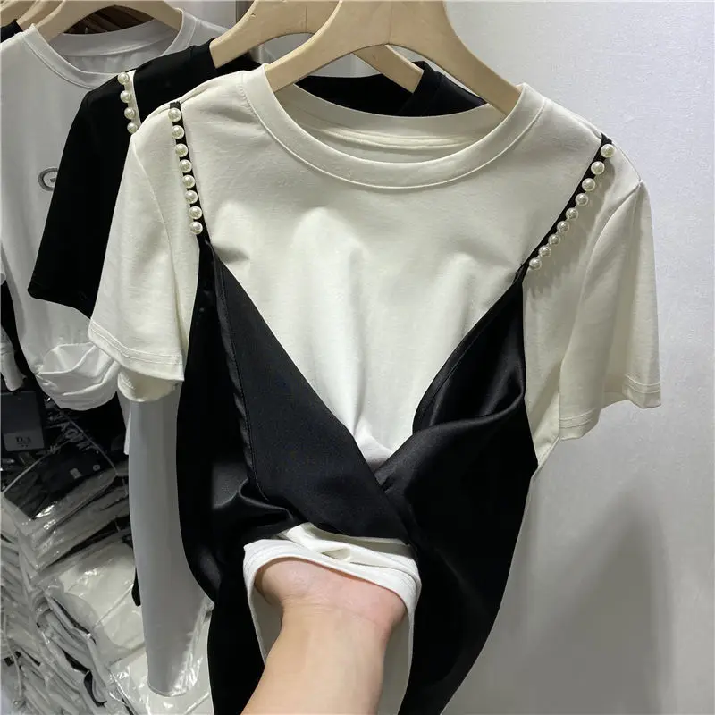 

cotton 95% Beaded Fake Two-Piece Women T-Shirts Summer New Design 2022 Short-Sleeved Elegant Female Pulls Tops Tees