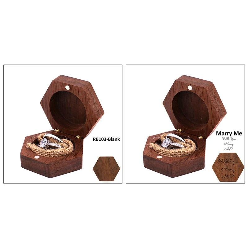 

New Black Walnut Hexagon Personalized Rustic Wedding Wood Ring Box Holder Wedding Ring Bearer Jewelry Box for Wedding Favor No